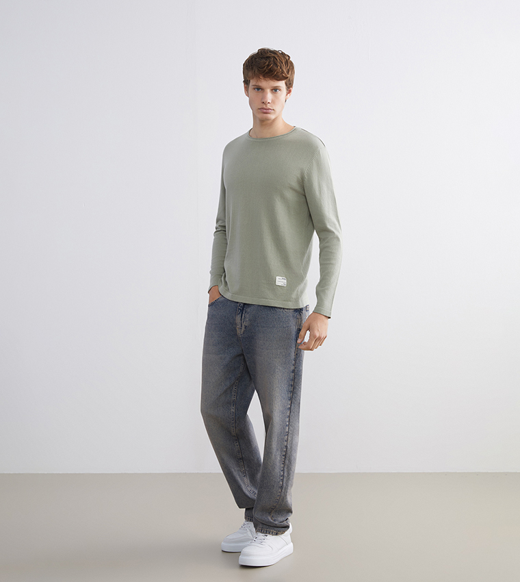 Label Detail Crew Neck Tricot Sweater