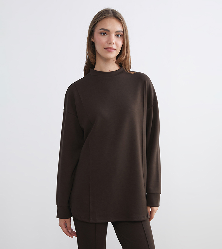 Solid High Neck Long Sleeves Jersey Tunic