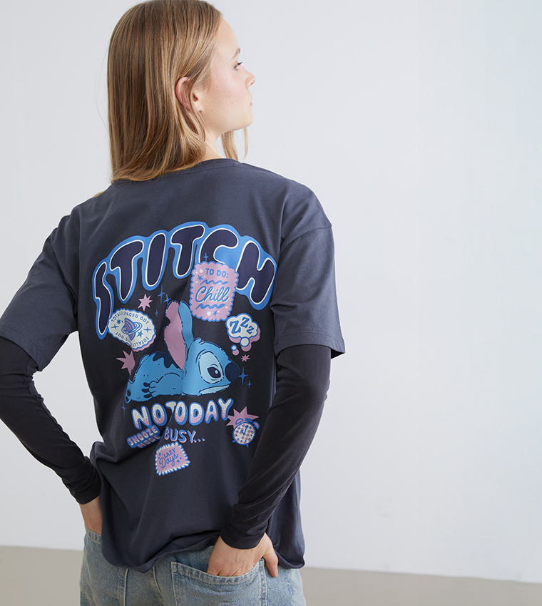 Stitch Printed Crew Neck Short Sleeves T-Shirt