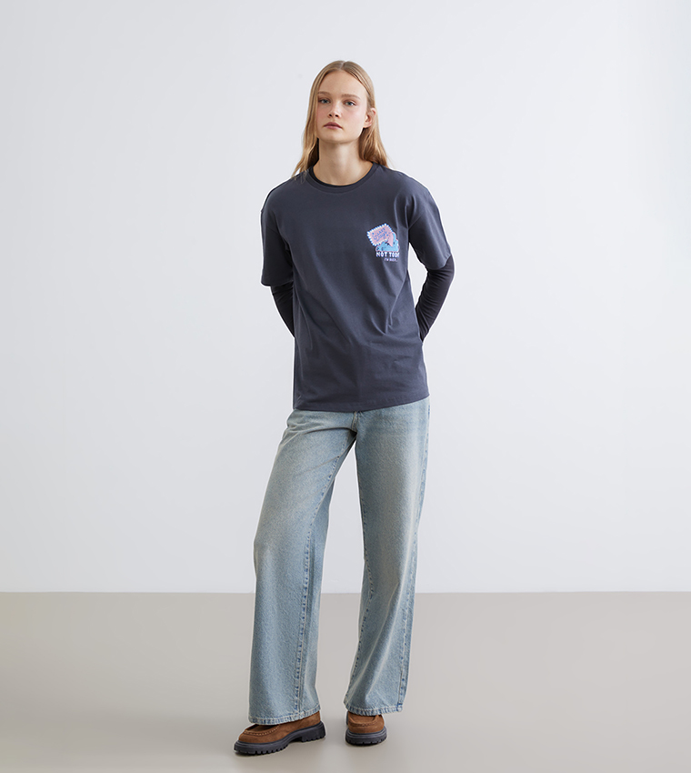 Stitch Printed Crew Neck Short Sleeves T-Shirt