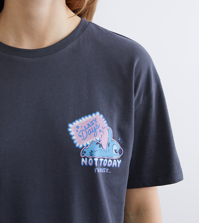 Stitch Printed Crew Neck Short Sleeves T-Shirt