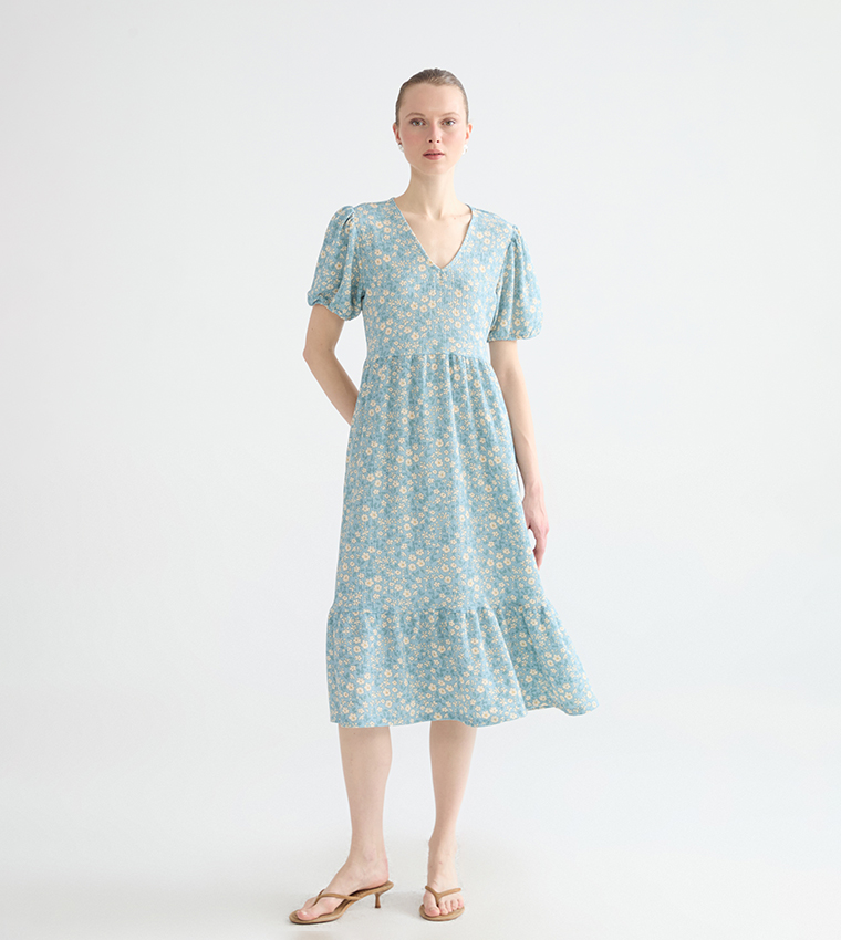 Floral Print Short Sleeves Midi Dress