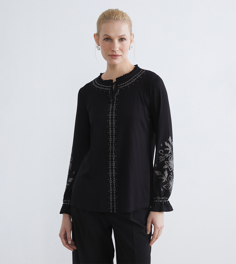 Embroidered Tie-Neck Ruffled Top