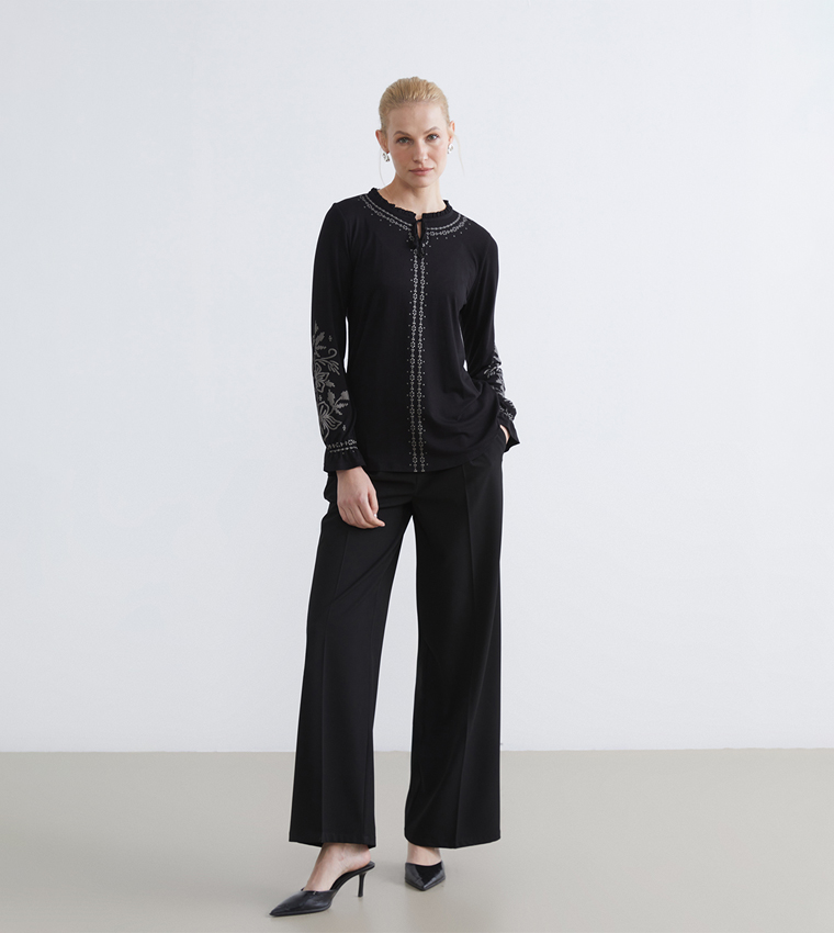 Embroidered Tie-Neck Ruffled Top