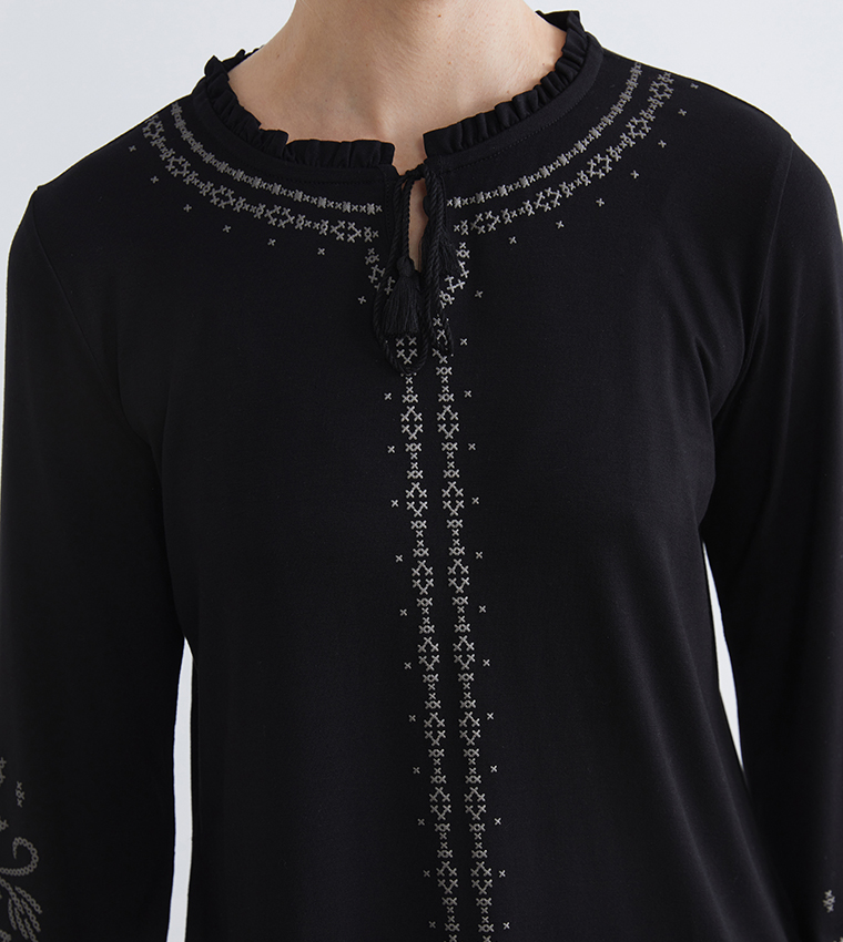 Embroidered Tie-Neck Ruffled Top