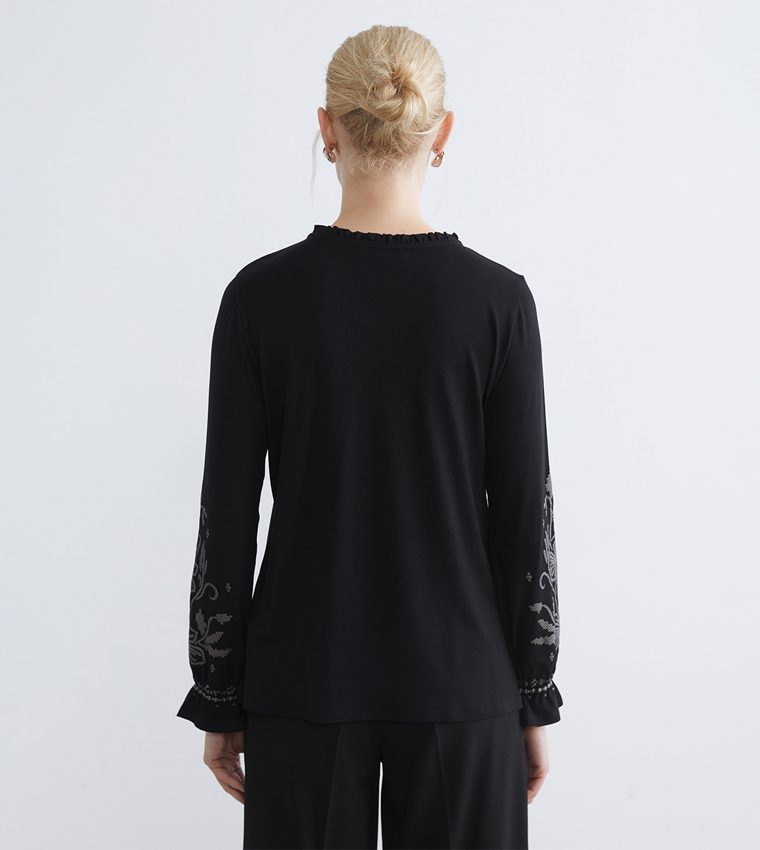 Embroidered Tie-Neck Ruffled Top