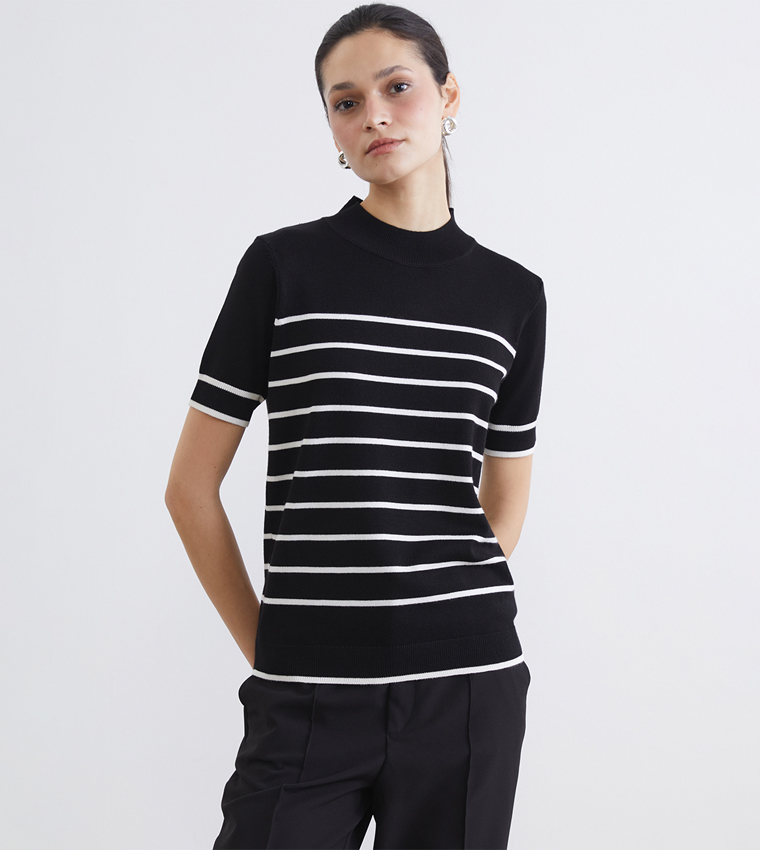 Striped High Neck Knitted Sweater