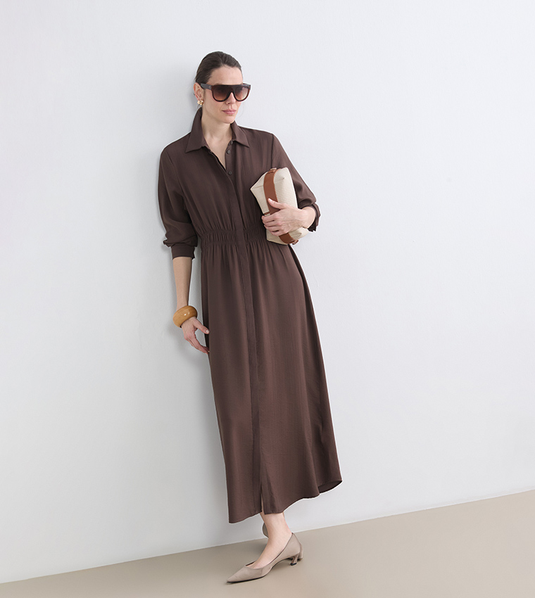 Buy LC Waikiki Textured Ruched Shirt Dress In Brown | 6thStreet Kuwait