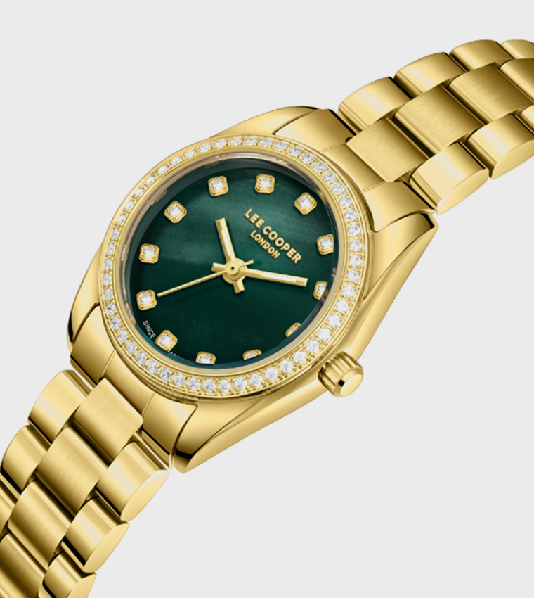 Green Dial Analog Watch with Metal Strap