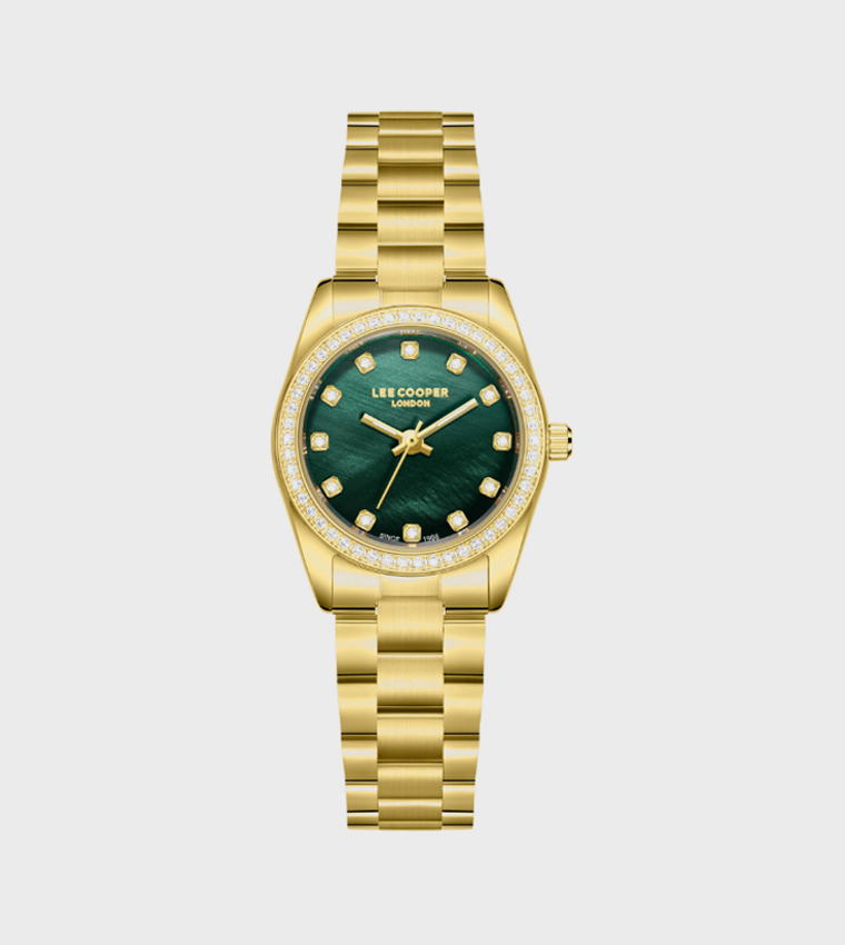 Green Dial Analog Watch with Metal Strap