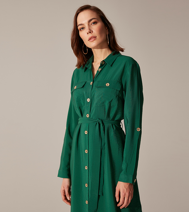 Buy LC Waikiki Plain Long Sleeve Standard Fit Long Shirt Dress Poplin Dress  Mid Green In Green | 6thStreet UAE