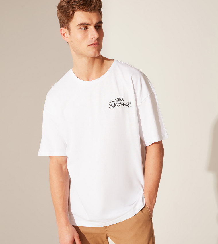 Male Printed Crew Neck Short Sleeve Loose Fit Thin Oversize Single Jersey T-Shirt-White