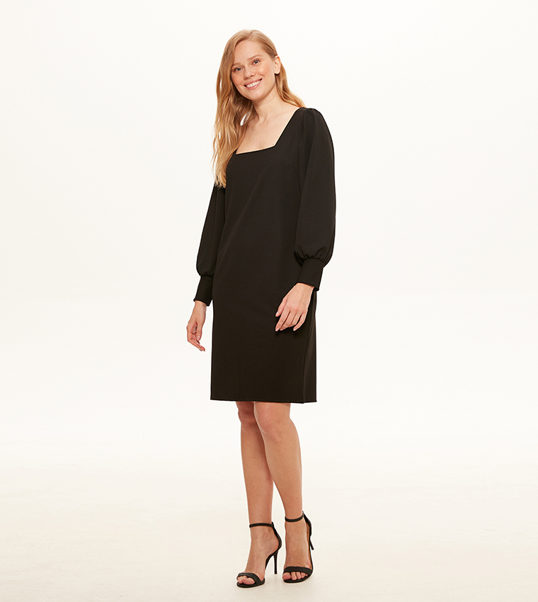 Plain Long Sleeve A Form Dress-New Black