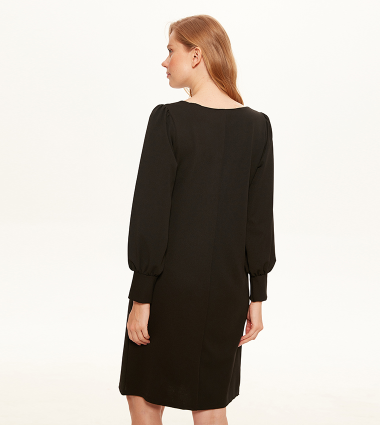 Plain Long Sleeve A Form Dress-New Black