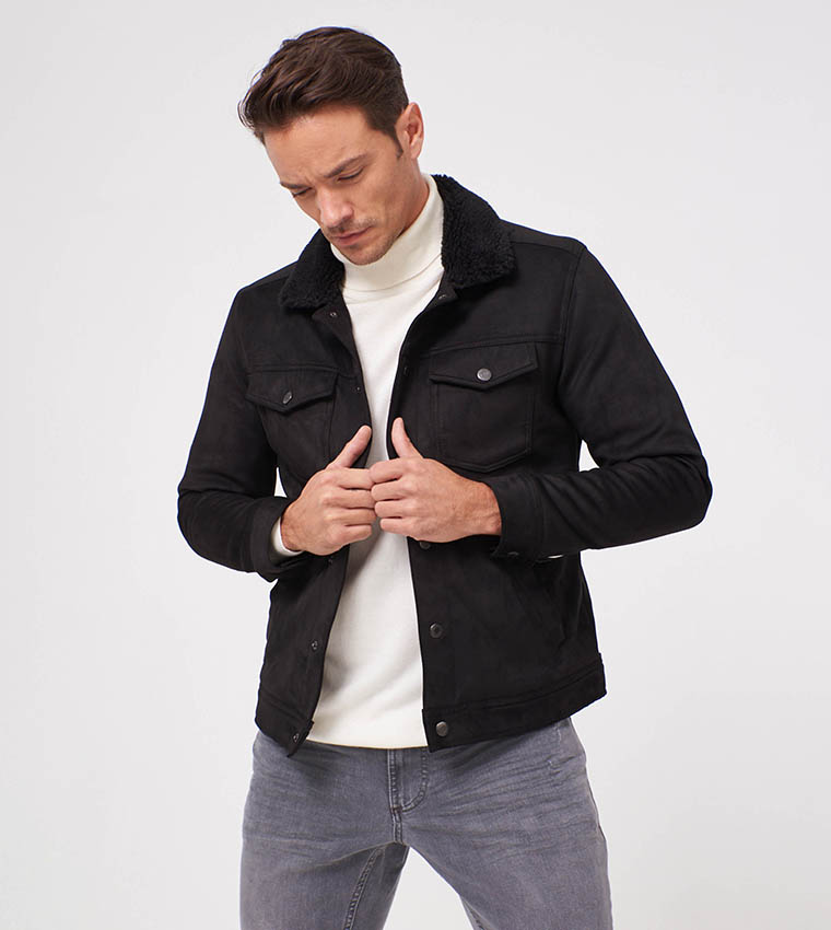 Buy LC Waikiki Slim Fit Fur Collar Suede Coat Black In Black 6thStreet Oman