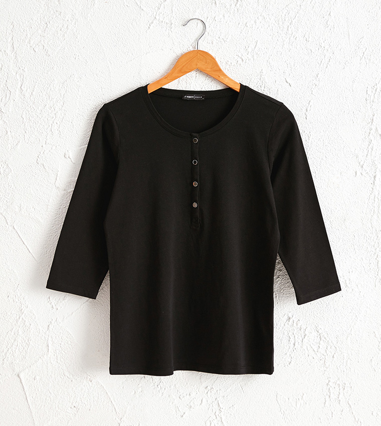 Button Detailed Collar Cotton T-Shirt-Red