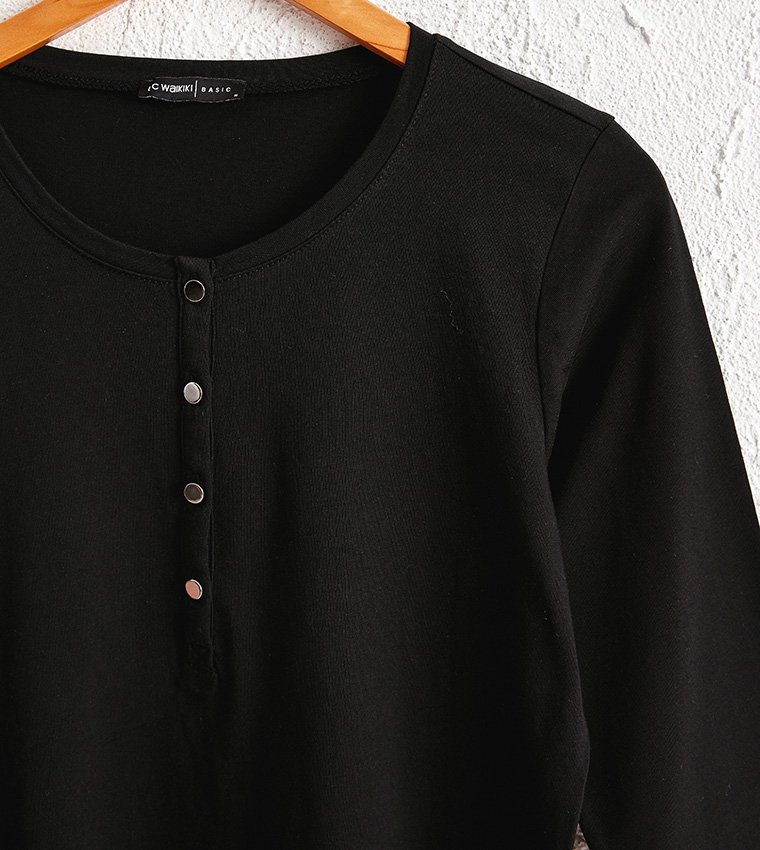 Button Detailed Collar Cotton T-Shirt-Red