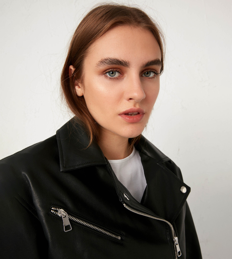 Womens Jacket Lc Waikiki Leather Jacket Women's Biker Collar Plain