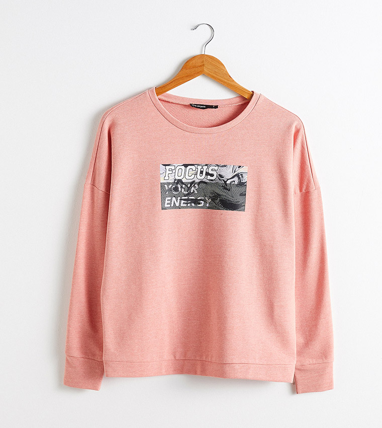 Letter Printed Sweatshirt-Coral