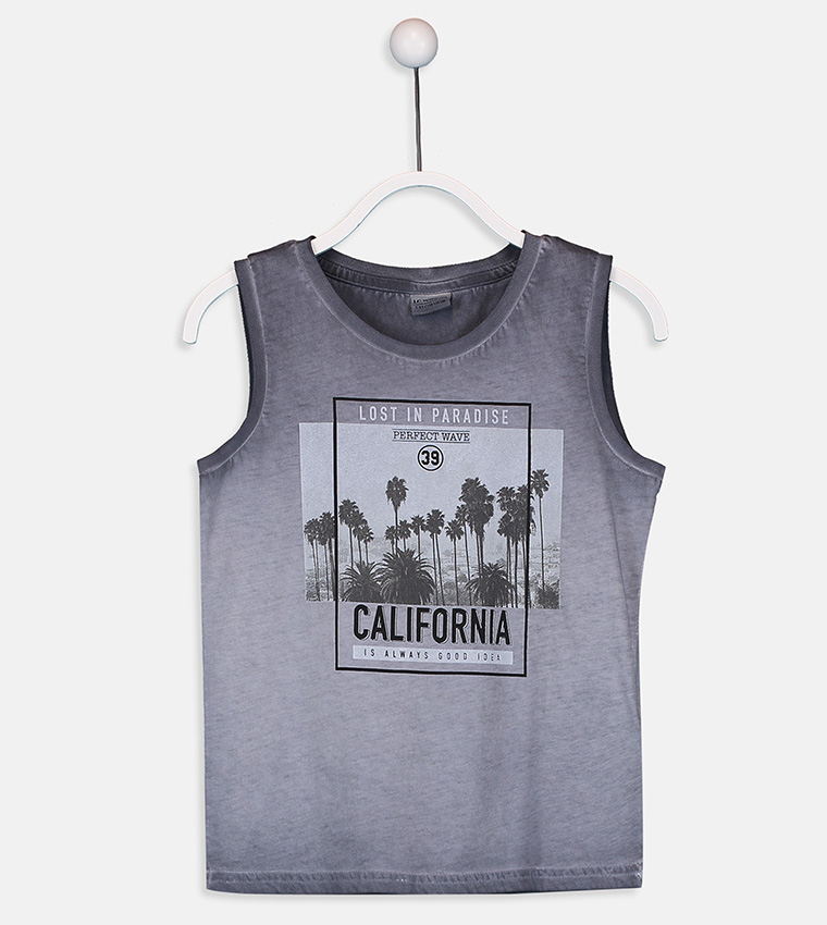 Printed Crew Neck Sleeveless Standard Fit Single Jersey Tank Top-Anthracite