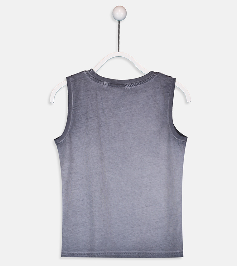 Printed Crew Neck Sleeveless Standard Fit Single Jersey Tank Top-Anthracite