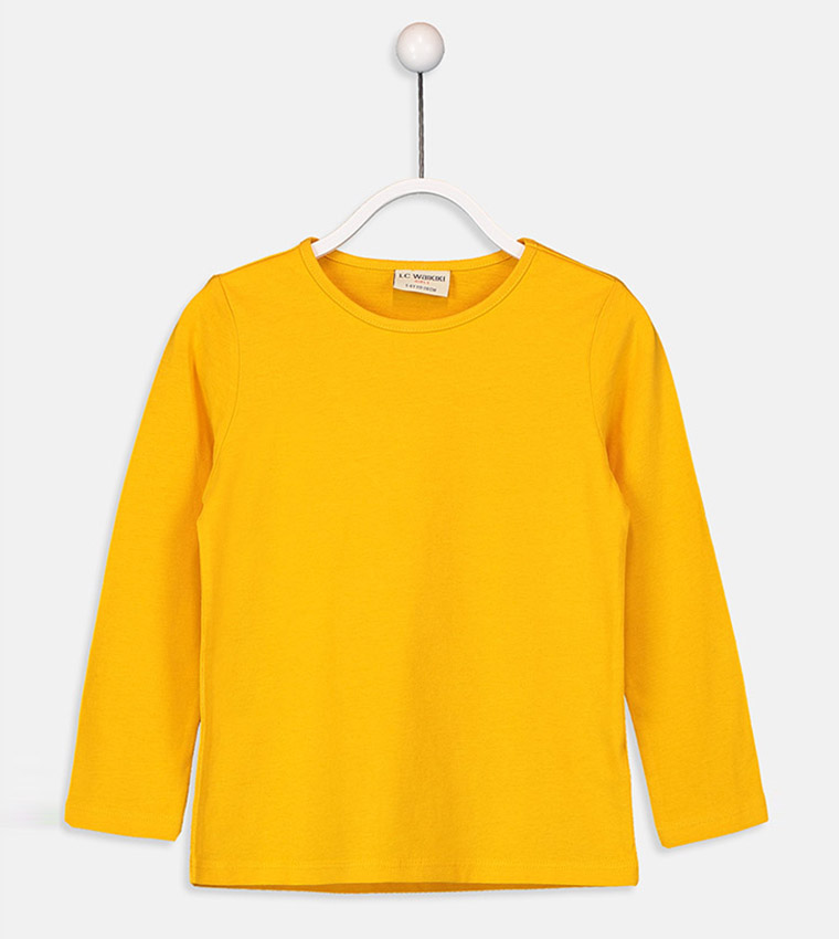 Plain Crew Neck Long Sleeve Standard Fit Single Jersey T-Shirt-Light Orange