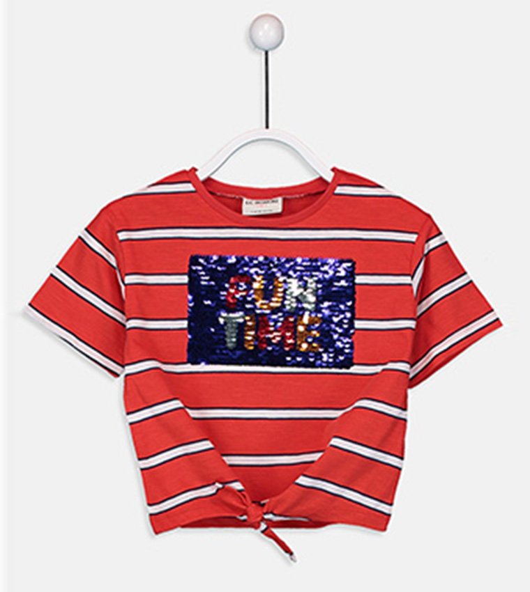 Printed Crew Neck Short Sleeve Standard Fit Single Jersey T-Shirt-Red Striped