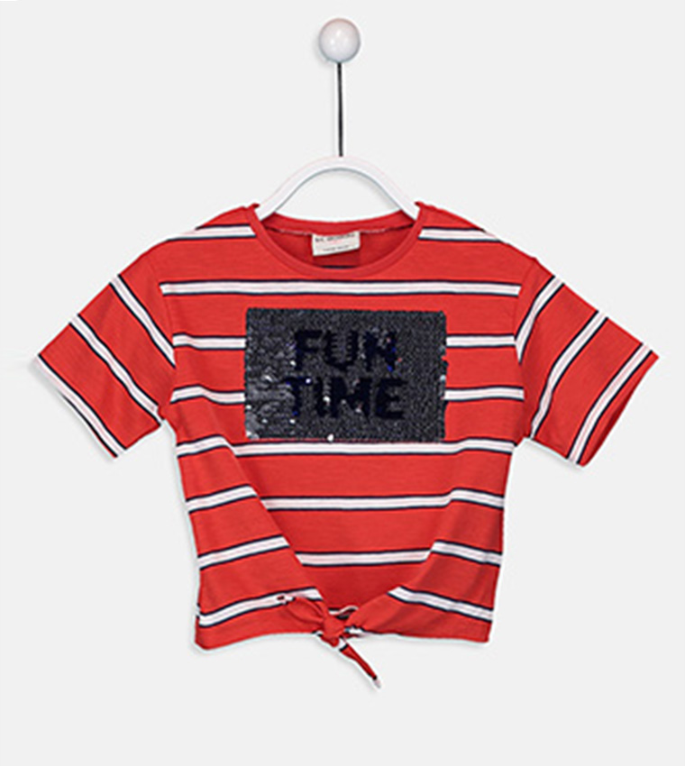 Printed Crew Neck Short Sleeve Standard Fit Single Jersey T-Shirt-Red Striped