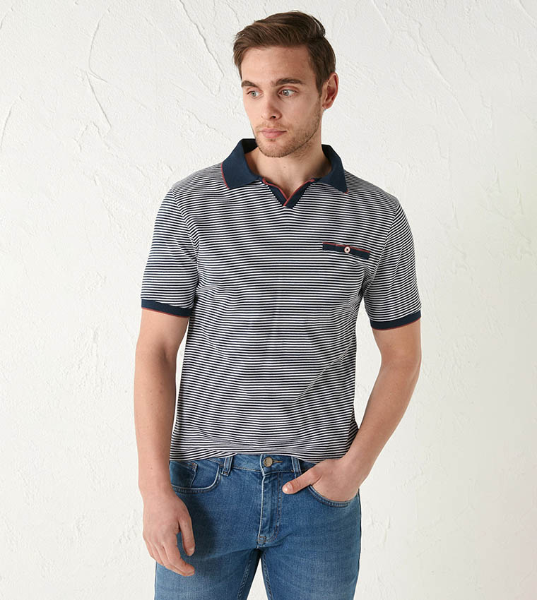 Classic Polo Neck Short Sleeve Striped Combed T-Shirt