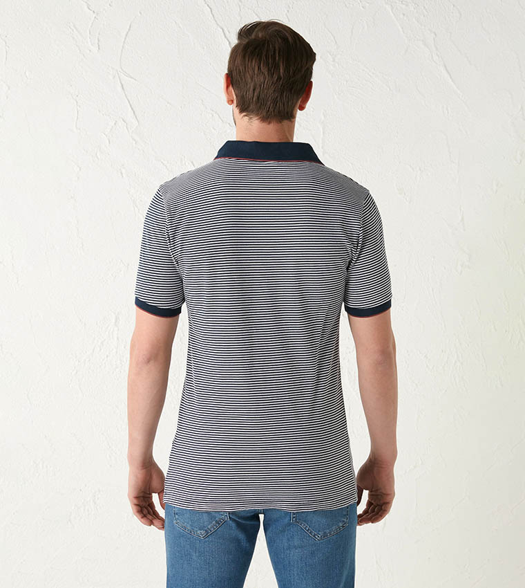 Classic Polo Neck Short Sleeve Striped Combed T-Shirt