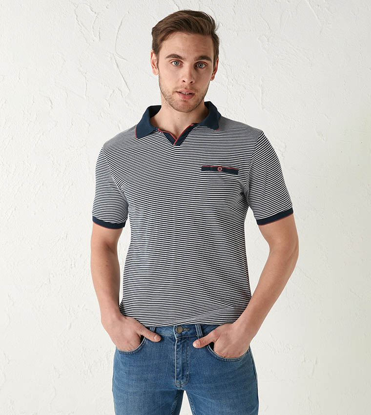 Classic Polo Neck Short Sleeve Striped Combed T-Shirt