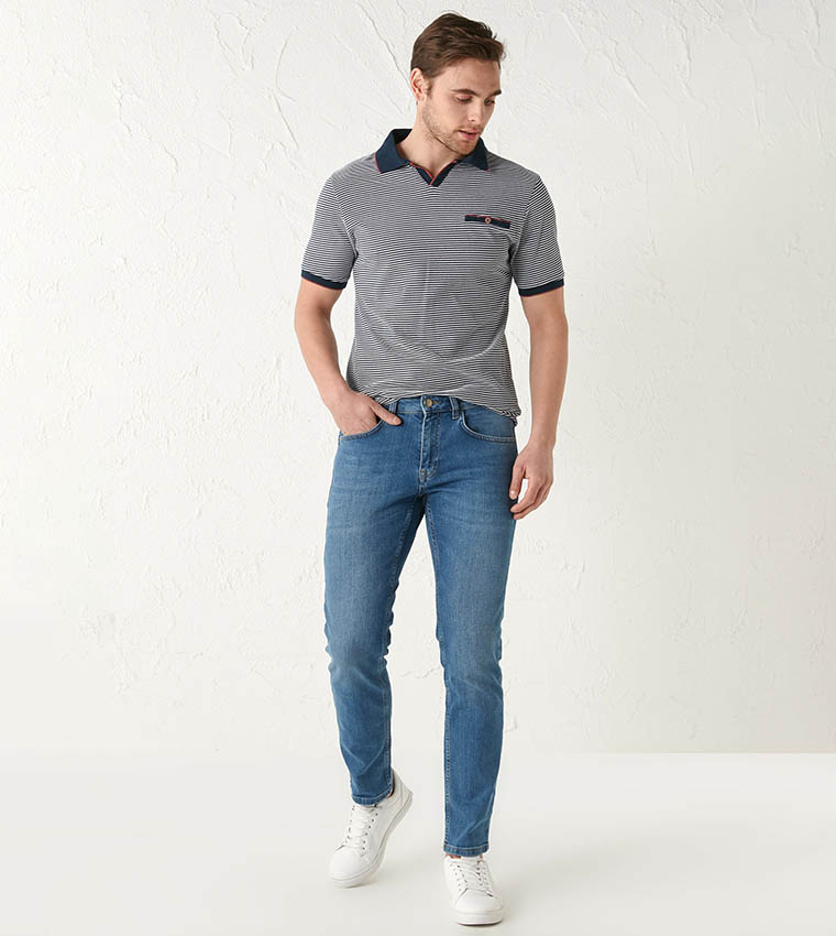 Classic Polo Neck Short Sleeve Striped Combed T-Shirt