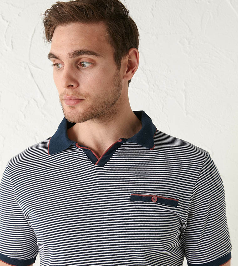 Classic Polo Neck Short Sleeve Striped Combed T-Shirt