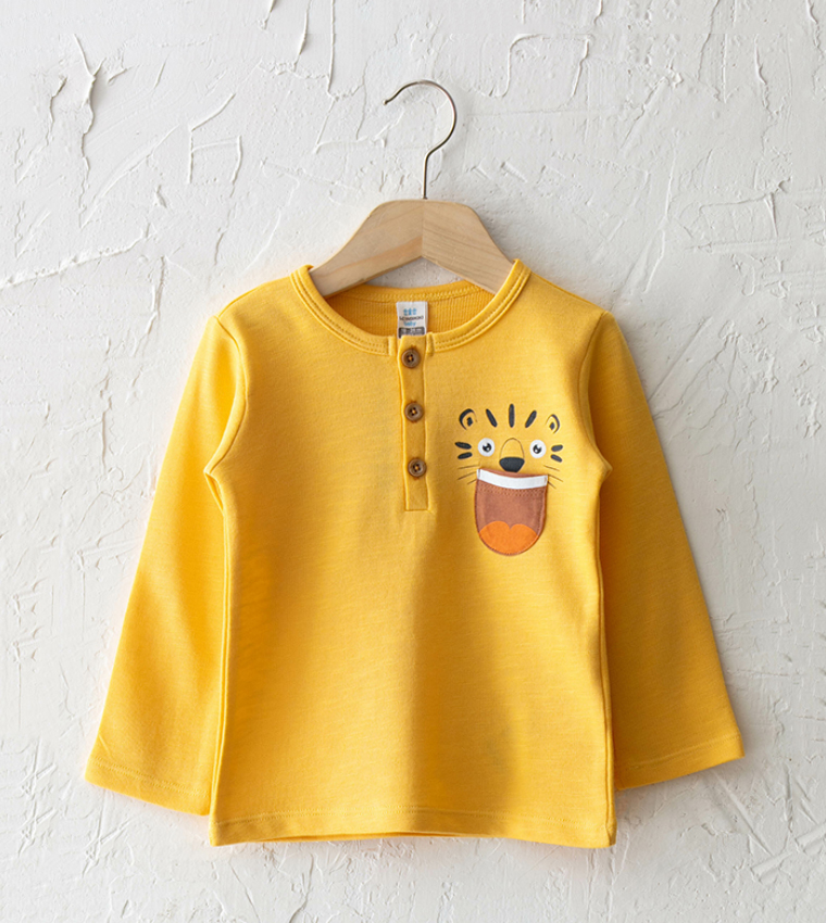 Crew Neck Long Sleeve Printed Baby Boy T-Shirt-Yellow