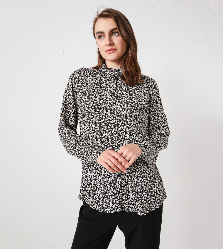 Ruffle Collar Patterned Long Sleeve Viscose Shirt