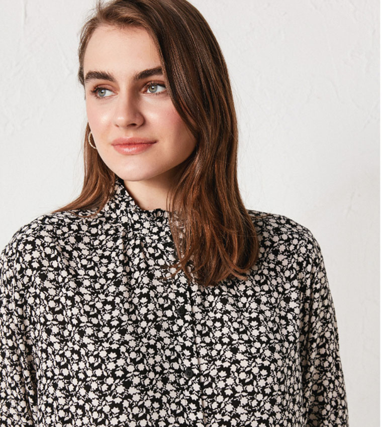 Ruffle Collar Patterned Long Sleeve Viscose Shirt