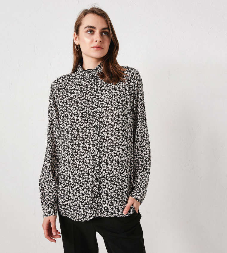Ruffle Collar Patterned Long Sleeve Viscose Shirt