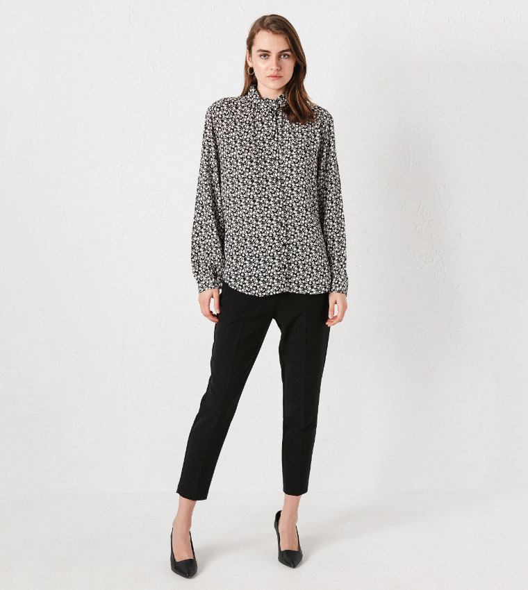 Ruffle Collar Patterned Long Sleeve Viscose Shirt