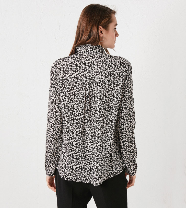 Ruffle Collar Patterned Long Sleeve Viscose Shirt