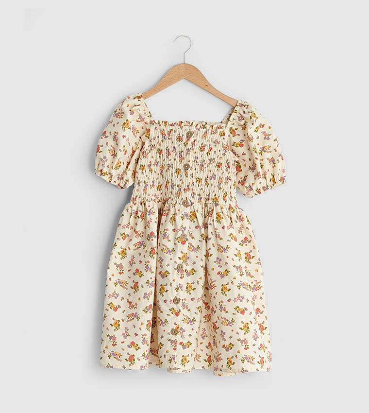 Square Neck Floral Pattern Short Sleeve Poplin Girl Dress-Ecru