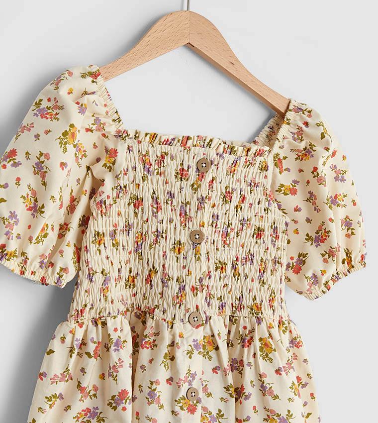 Square Neck Floral Pattern Short Sleeve Poplin Girl Dress-Ecru