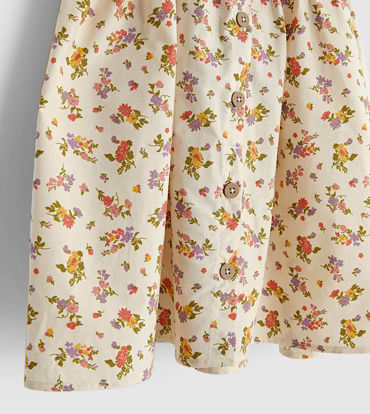 Square Neck Floral Pattern Short Sleeve Poplin Girl Dress-Ecru
