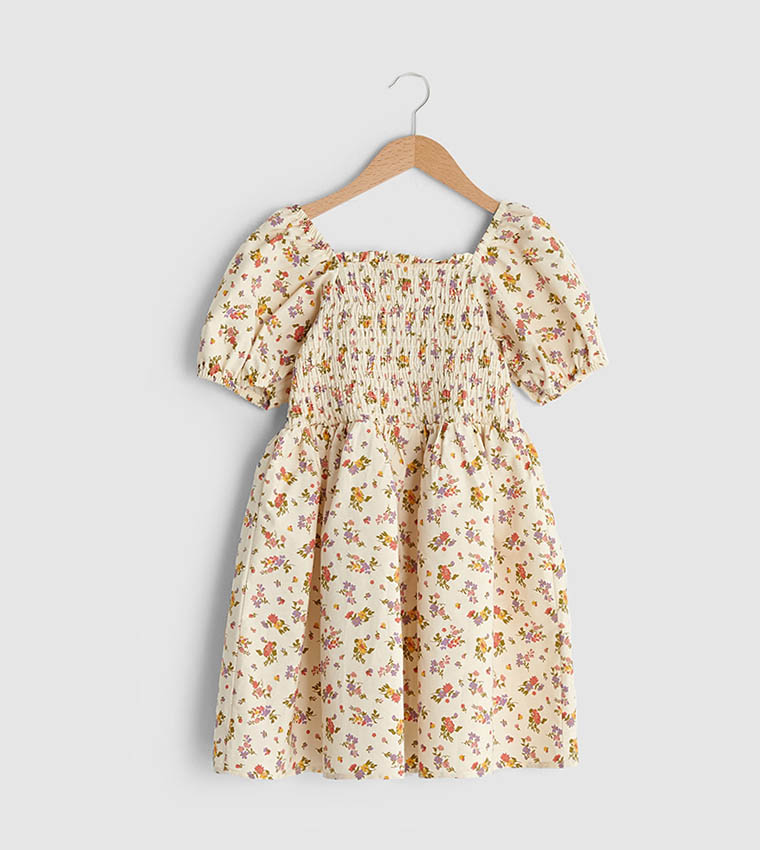 Square Neck Floral Pattern Short Sleeve Poplin Girl Dress-Ecru