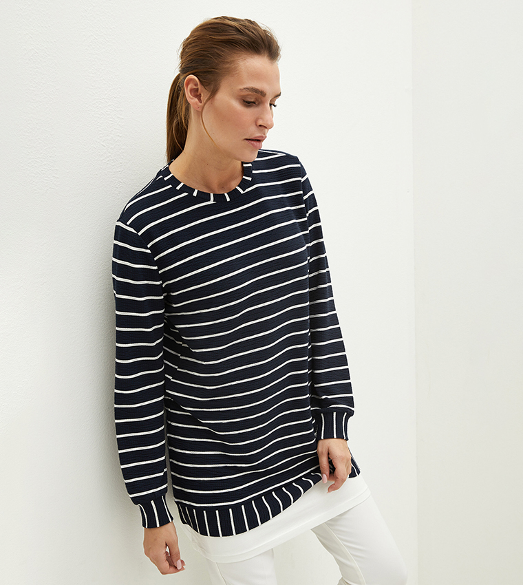 Lcw Classic Crew Neck Striped Long Sleeve Tunic