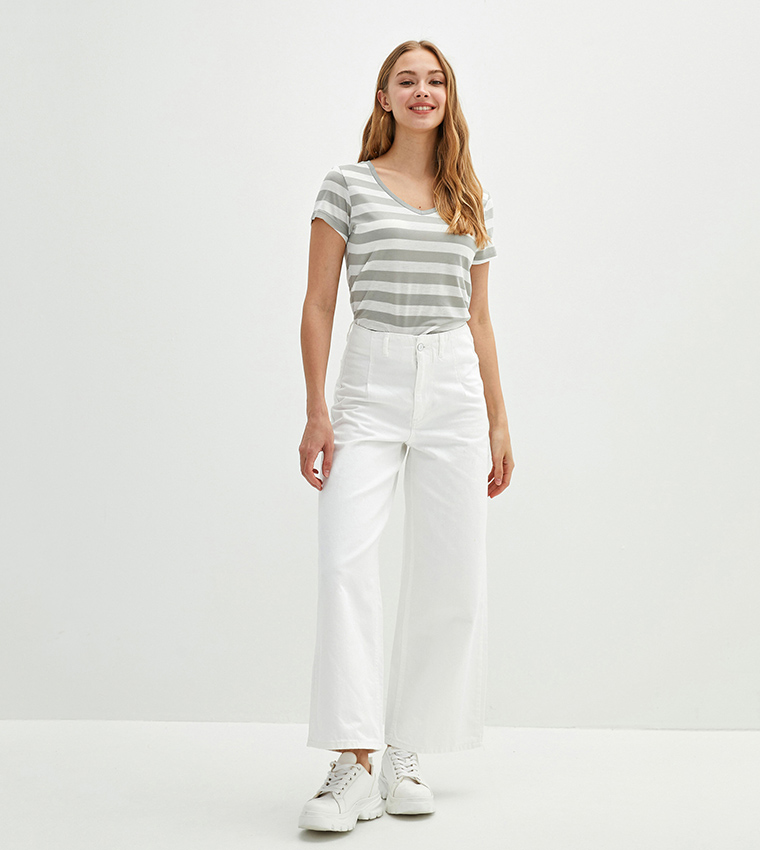 V Neck Striped Short Sleeve T-Shirt