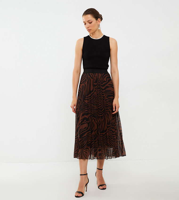 Buy LC Waikiki Printed Pleated Chiffon Skirt In Brown | 6thStreet Qatar