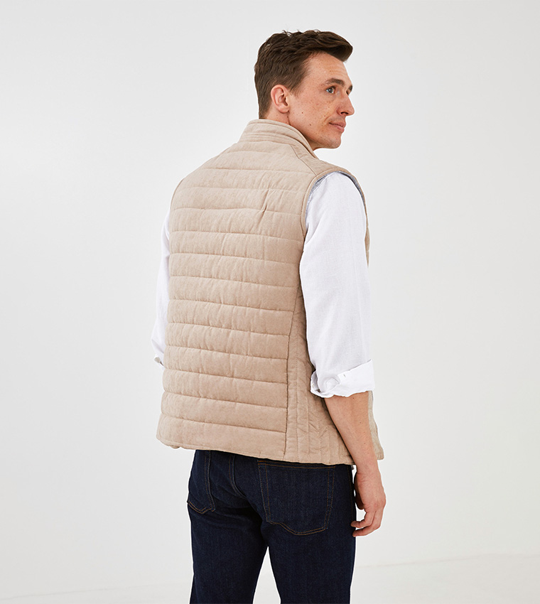 Beige Slim Fit Puffer Vest for Men by