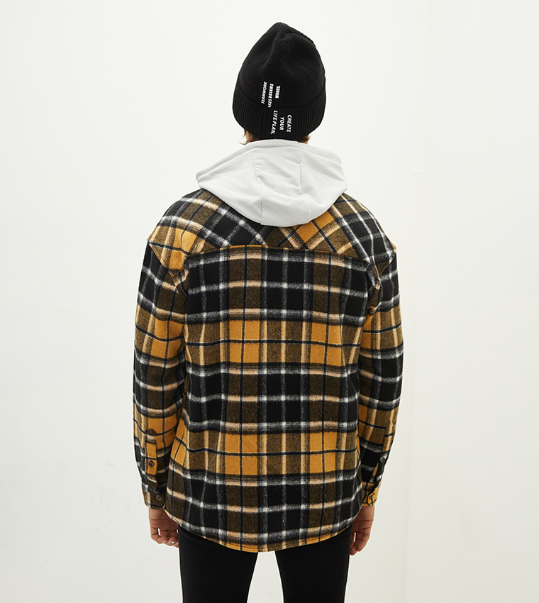 Casual Regular Fit Long Sleeve Plaid Gabardine Shirt Jacket