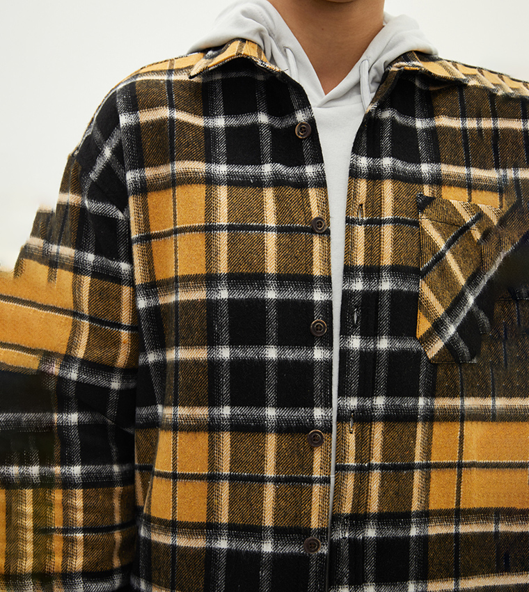 Casual Regular Fit Long Sleeve Plaid Gabardine Shirt Jacket