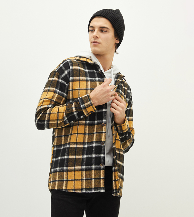 Casual Regular Fit Long Sleeve Plaid Gabardine Shirt Jacket